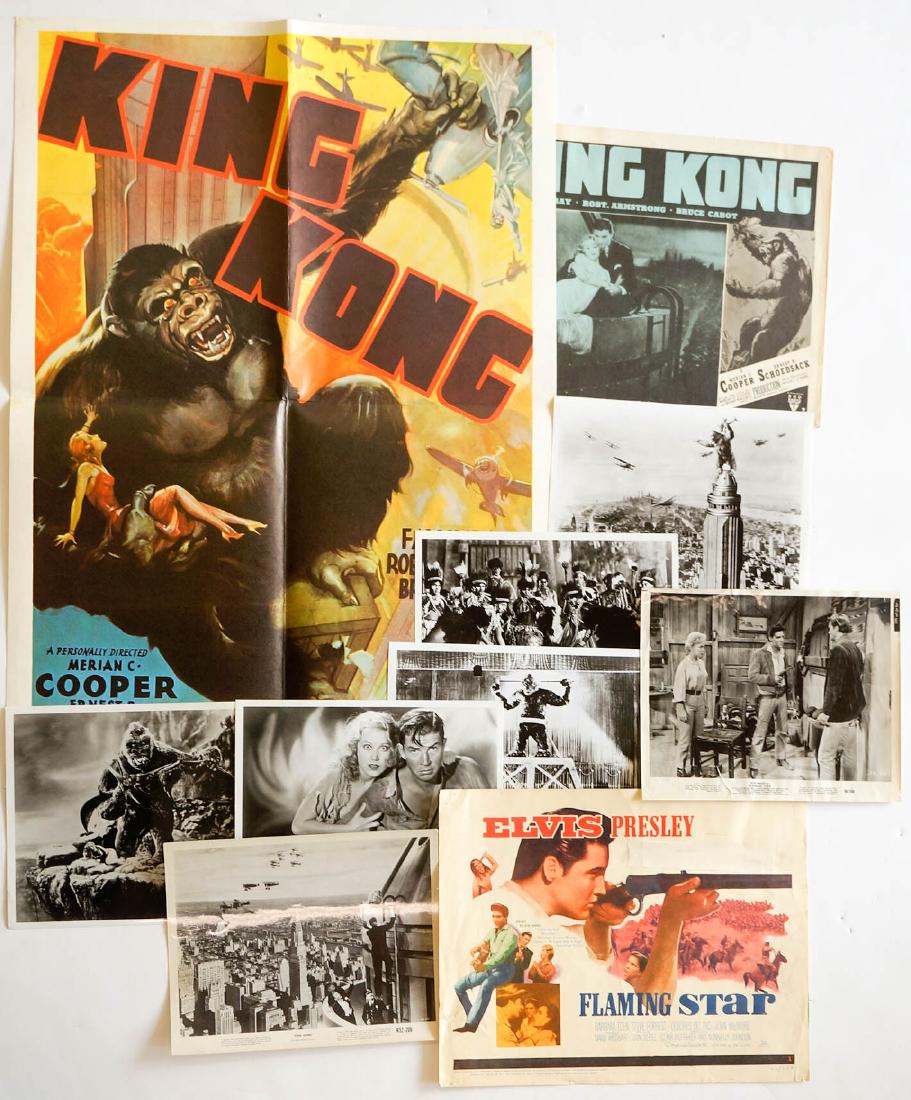 King Kong, Flaming Star w/Elvis Ephemera: King Kong and Flaming Star posters. 6 King Kong b/w photos 8"x10", 1 hard stock b/w with color King Kong poster 11"x14", 1 color move poster King Kong with Fay Wray, Robt Armstrong & Bruce Cabot 28 7/