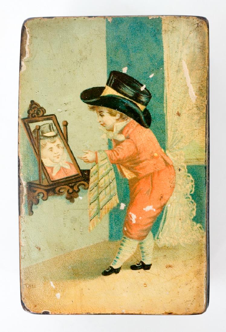 Antique Decorated Lacquer Box: Antique decorated lacquer box. Wonderful scene with youngster in front of mirror. Does have four holes drilled in box. Measures 1.75" x 4.5" x 2.75". We ship most items in-house with the exception of 