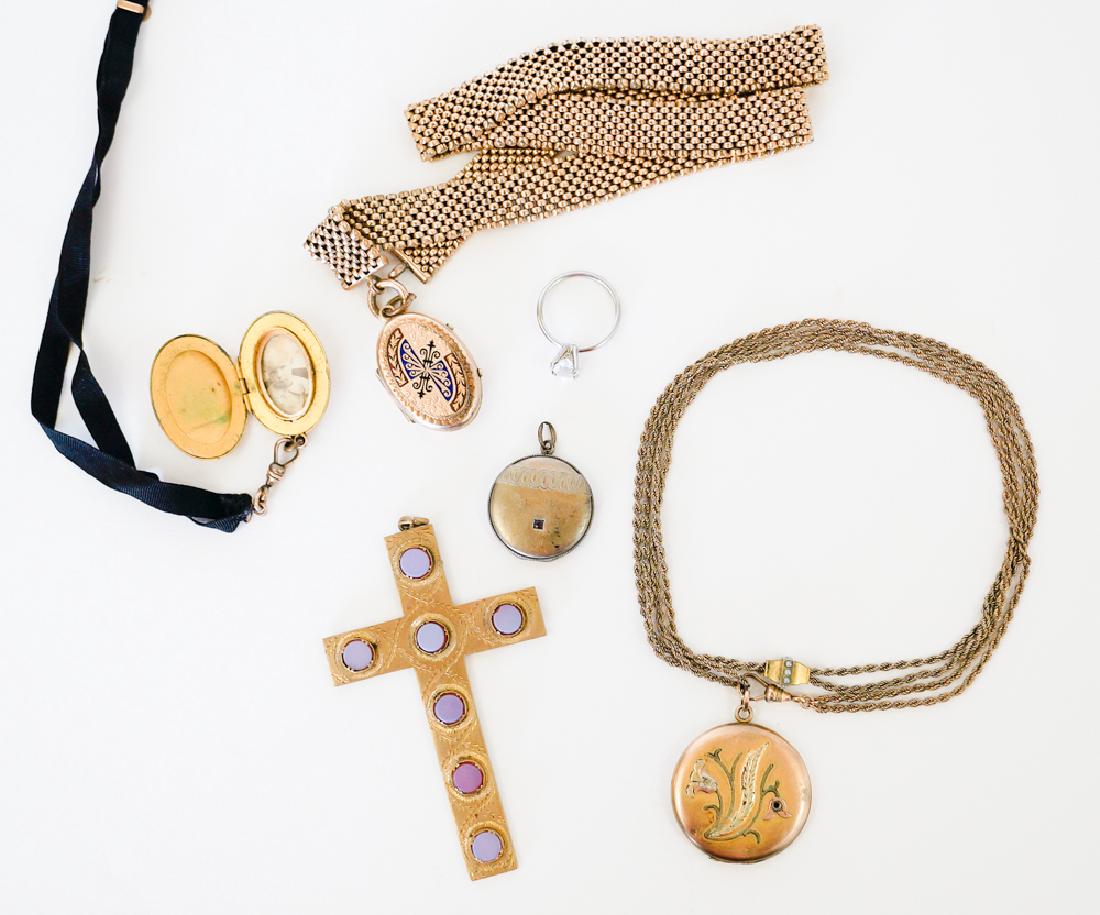 Gold Filled Lockets, Slide Chain, Cross and More: Estate group of Victorian jewelry including gold filled lockets, slide chain, cross (measures 3.5" x 2.25") and more. We ship most items in-house with the exception of firearms, large and/or heavy ite