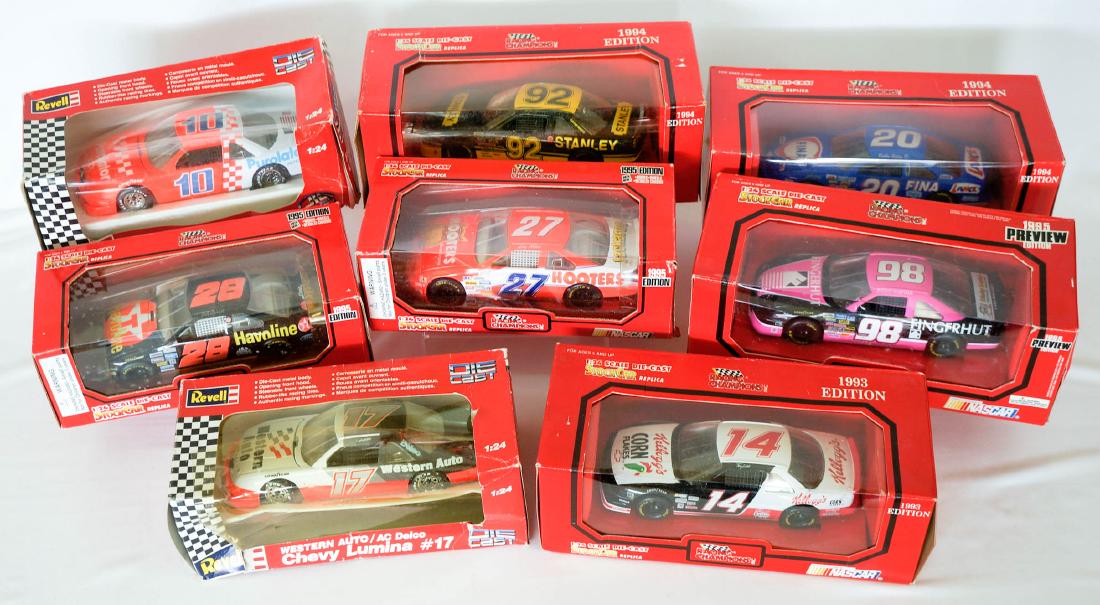 Group of Eight Die-cast Cars: Group of eight die-cast cars, 1:24 scale. All mint in box. Includes: Loy Allen #27, Bobby Hillin JR #20, Dale Jarrett #28, Derrike Cope #10, Jeremy Mayfield #98, and Terry Labonte #14. We ship most it