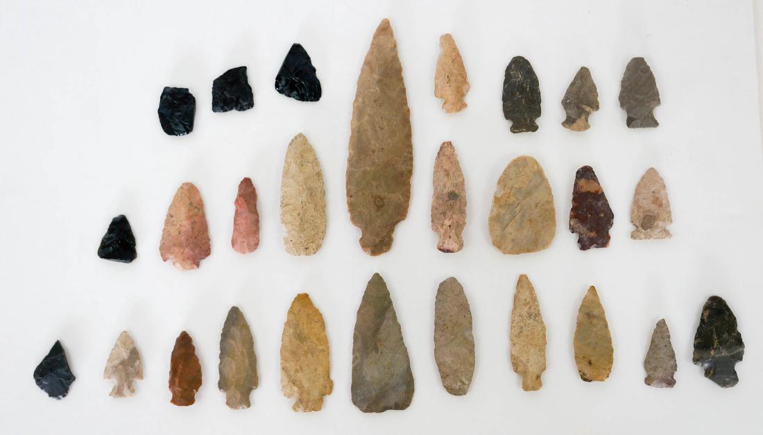 Group of Twenty Seven Stone Arrowheads, Points: Group of twenty seven arrowheads and points. Measure 1.75" to 6.5" in length. Estate of Earl Buchanan, Kooskia, Id. We ship most items in-house with the exception of firearms, large and/or heavy items