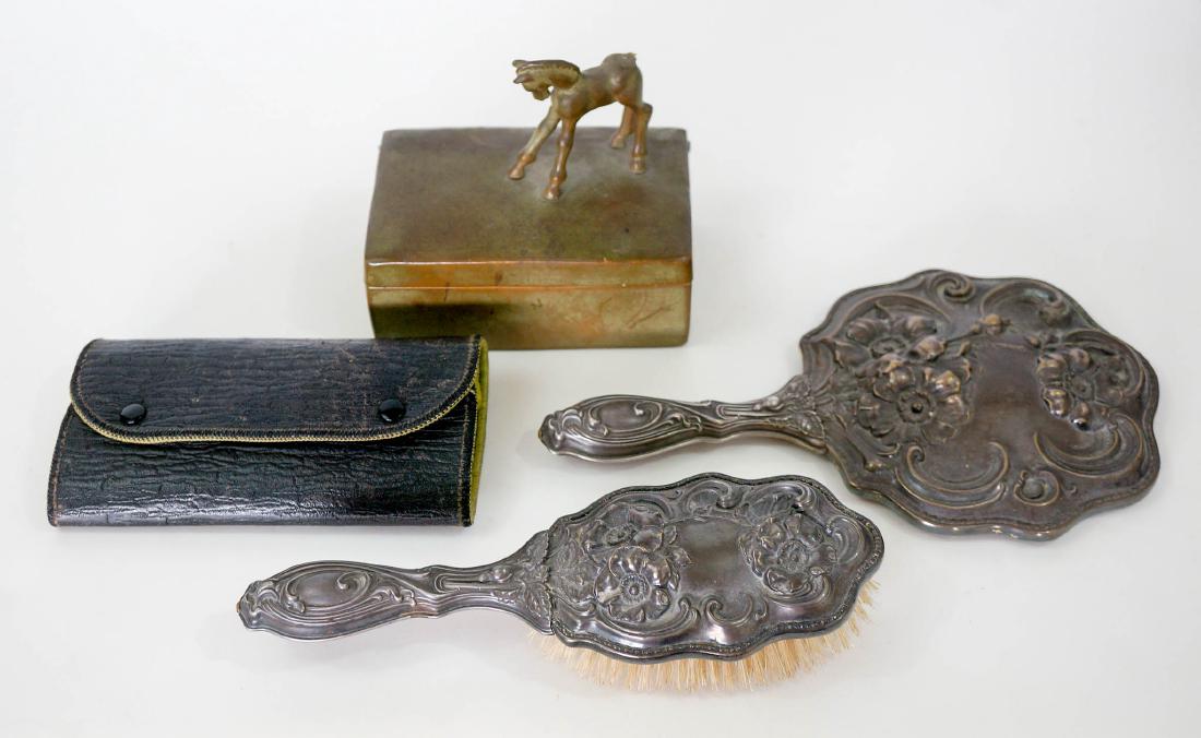 Group of Vintage Vanity Items, SP Hand Mirror: Group of Vintage vanity items including an art deco manicure set, silver plate hand mirror and brush and McClelland Barclay hinged box with original Barclay metal tag. The horse atop box is missing th