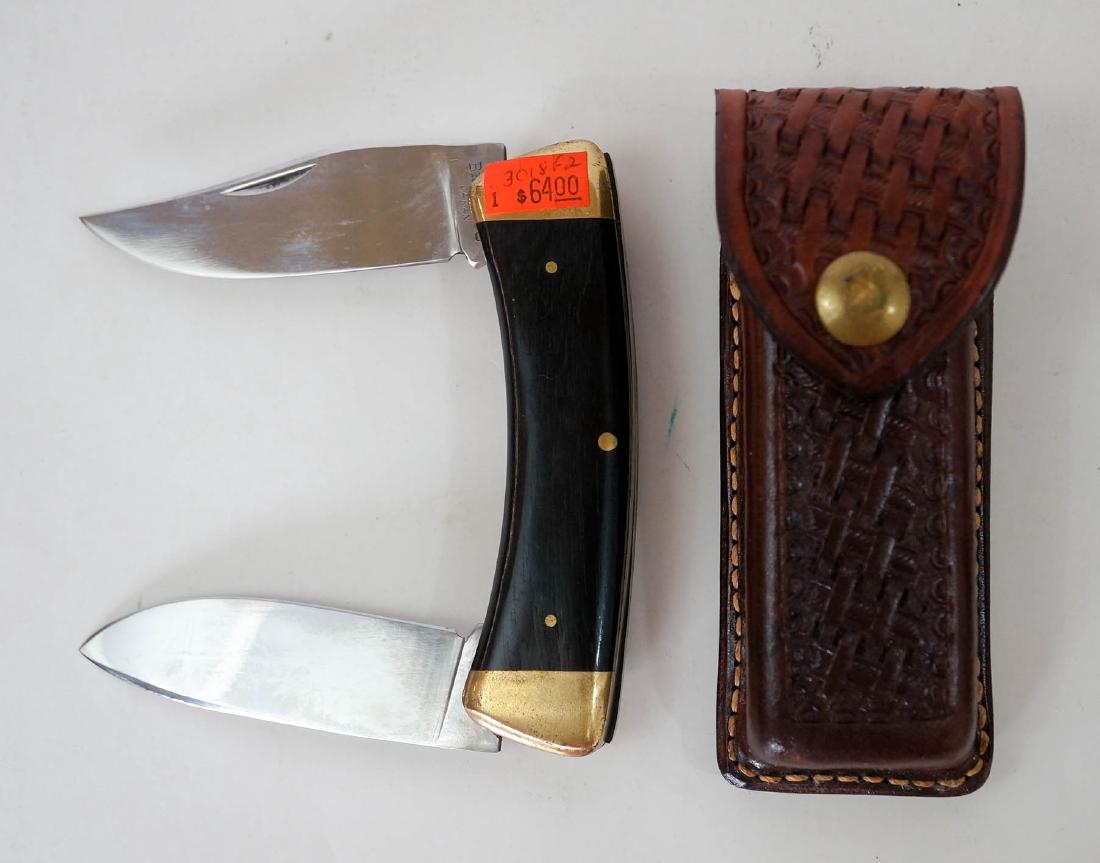 Browning Vintage Folding Knife: Browning vintage folding knife, unused, two blades. Blade measures 3.25", overall 4 1/4". New old stock from the inventory of Earl E. Buchanan, Gunsmith. Blade marked Japan. Comes with a Browning box