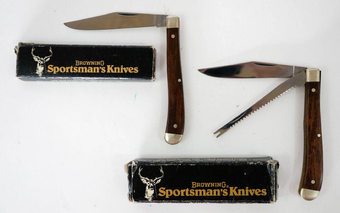 Two Browning Vintage Pocket Knives Unused: Two Browning vintage pocket knives, unused with boxes. One single blade, one double blade. Both measure 4" in length. New old stock from the inventory of Earl E. Buchanan, Gunsmith. Blades marked Germ