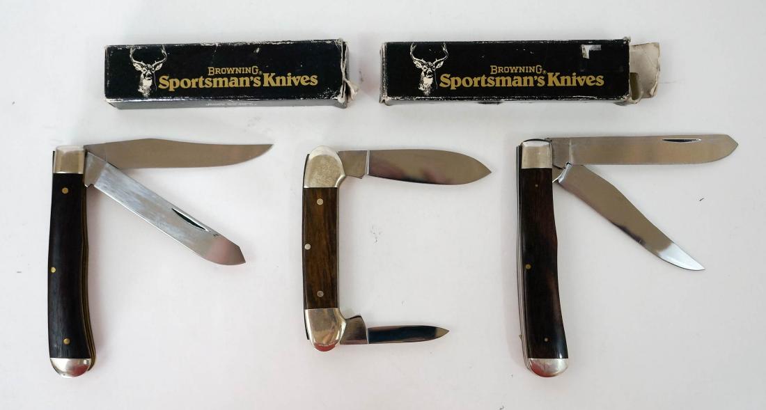 Three Browning Vintage Pocket Knives Unused: Three Browning vintage pocket knives, unused with boxes for 2/3. One single blade, two double blade. Measure 3 5/8" to 4 1/8" in length. New old stock from the inventory of Earl E. Buchanan, Gunsmith.