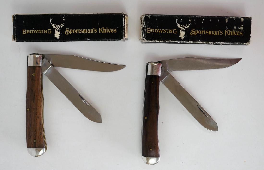 Two Browning Vintage Pocket Knives Unused: Two Browning vintage pocket knives, unused with boxes. Both are double blade. Both measure 4 1/8" in length. New old stock from the inventory of Earl E. Buchanan, Gunsmith. Blades marked U.S.A. Unused