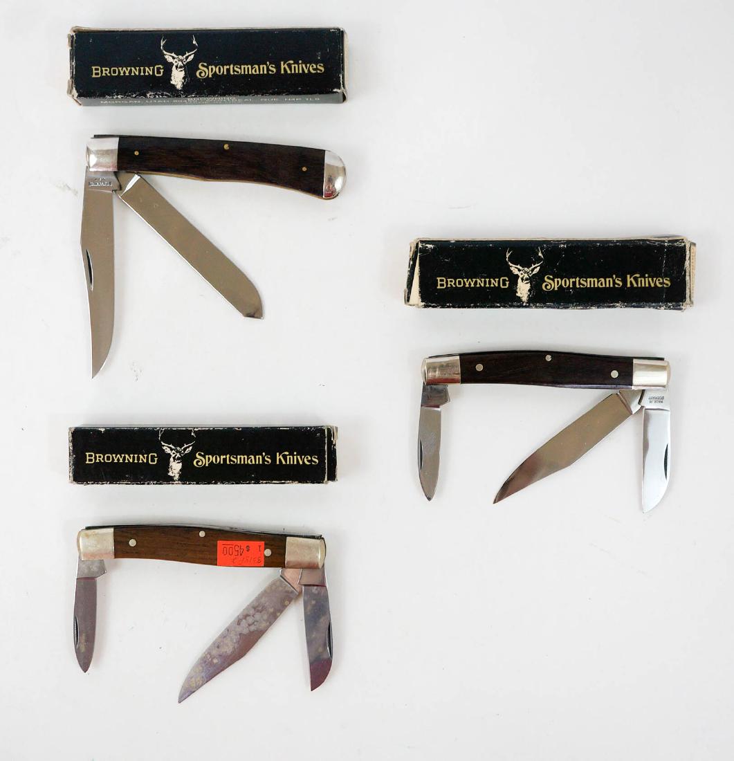Three Browning Vintage Pocket Knives Unused: Three Browning vintage pocket knives, unused with boxes. All are double blade. They measure 3 7/8" to 4 1/8" in length. New old stock from the inventory of Earl E. Buchanan, Gunsmith. Blades marked Ge