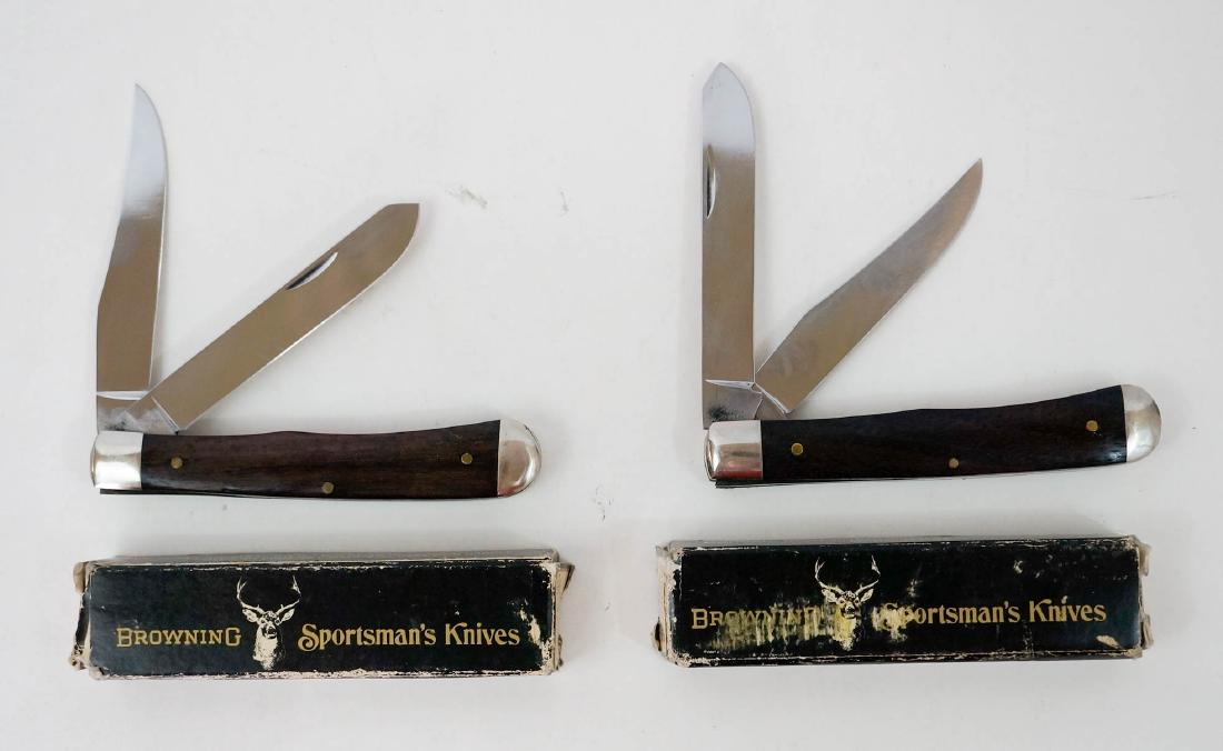 Two Browning Vintage Pocket Knives Unused: Two Browning vintage pocket knives, unused with boxes. Both double blade. They measure 4 1/8" in length. New old stock from the inventory of Earl E. Buchanan, Gunsmith. Blades marked U.S.A. Unused but