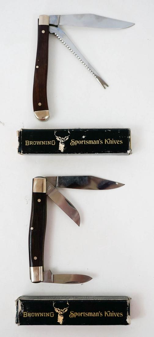 Two Browning Vintage Pocket Knives Unused: Two Browning vintage pocket knives, unused with boxes. A double blade and a triple blade. They measure 3 7/8" and 4" in length. New old stock from the inventory of Earl E. Buchanan, Gunsmith. Blades m