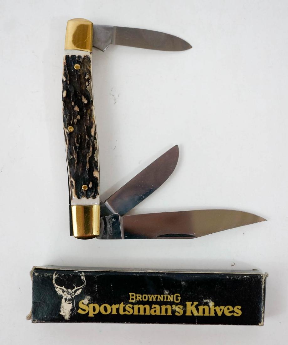 Browning Vintage Pocket Knife Unused: Browning vintage pocket knife, unused with box. Triple blade. Measures 3 7/8" in length. New old stock from the inventory of Earl E. Buchanan, Gunsmith. Blade marked Germany. Unused but with very tiny
