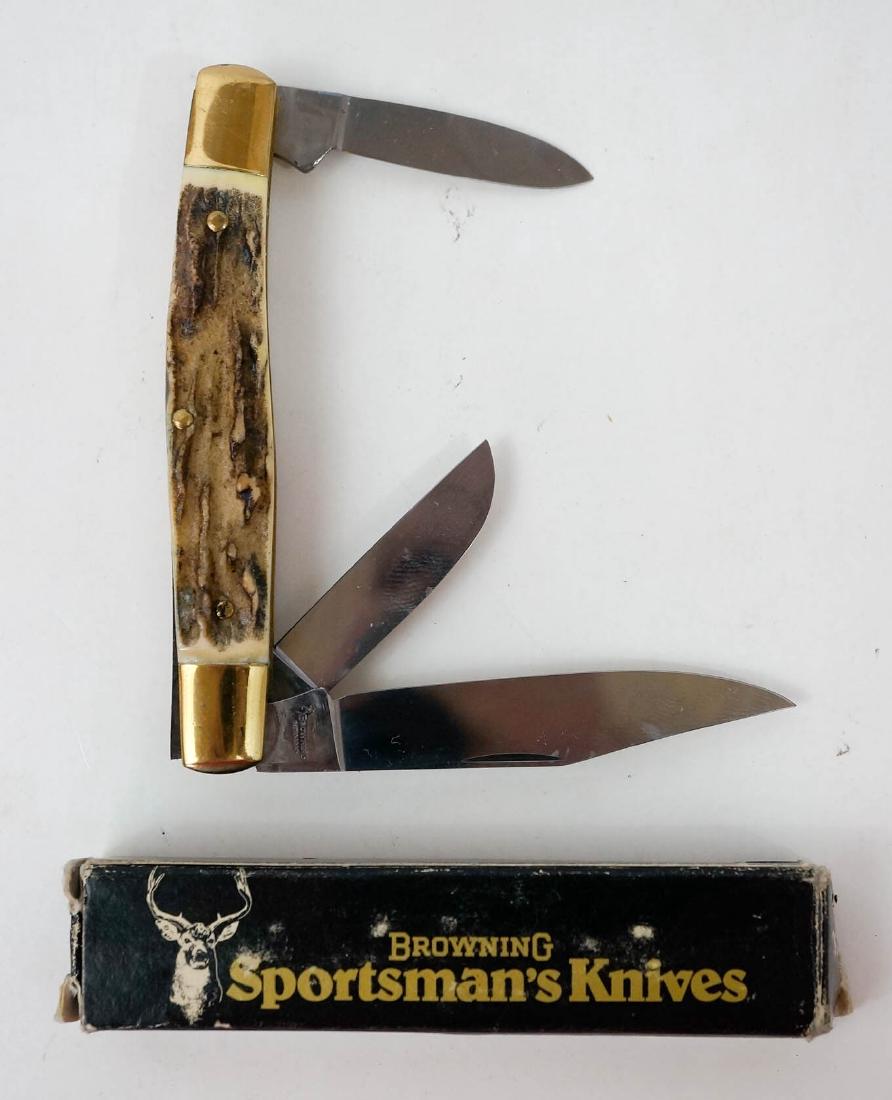 Browning Vintage Pocket Knife Unused: Browning vintage pocket knife, unused with box. Three blades. Measures 3 7/8" in length. New old stock from the inventory of Earl E. Buchanan, Gunsmith. Blade marked Germany. Unused but with very tiny