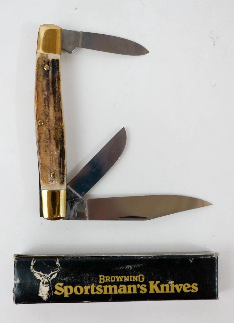 Browning Vintage Pocket Knife Unused: Browning vintage pocket knife, unused with box. Three blades. Measures 3 7/8" in length. New old stock from the inventory of Earl E. Buchanan, Gunsmith. Blade marked Germany. Unused but with very tiny