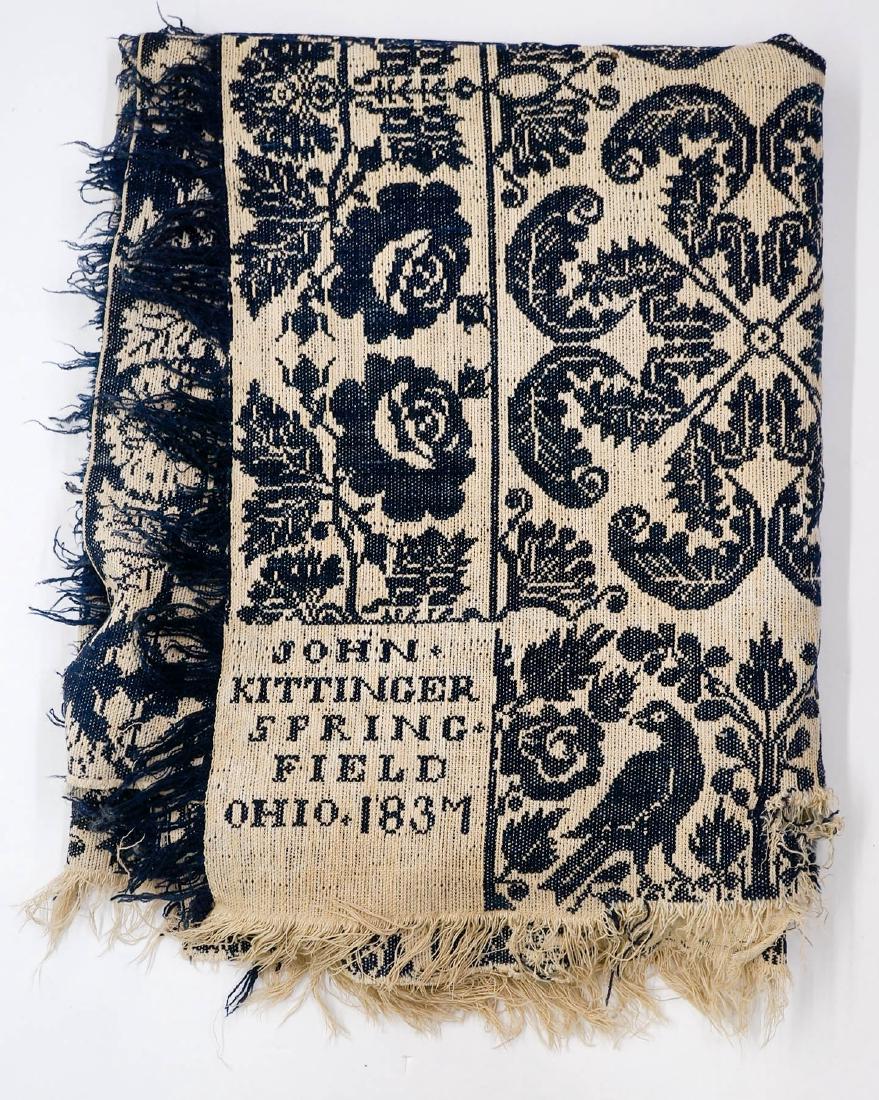 John Kittinger Springfield, Ohio 1837 Coverlet: John Kittinger Springfield, Ohio 1837 coverlet. Measures 82" x 70", has significant wear on right side. We ship most items in-house with the exception of firearms, large and/or heavy items and any oth