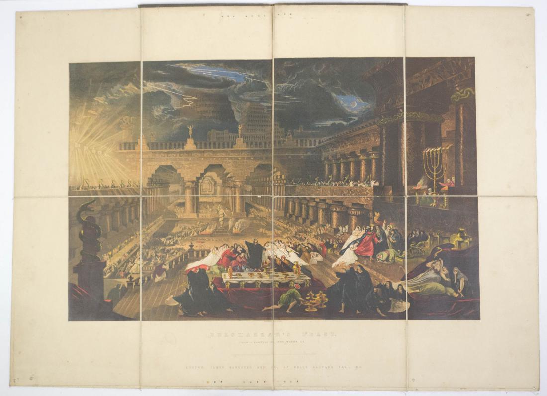 Belshazzar's Feast fold out Print 26" x 19": Belshazzar's Feast fold out Print 26" x 19" backed in linen and mounted to hard cover folio. From a painting by John Martin, K.L. London, James Sangster and Co., La Belle Sauvage Yard, E.C., Leighton