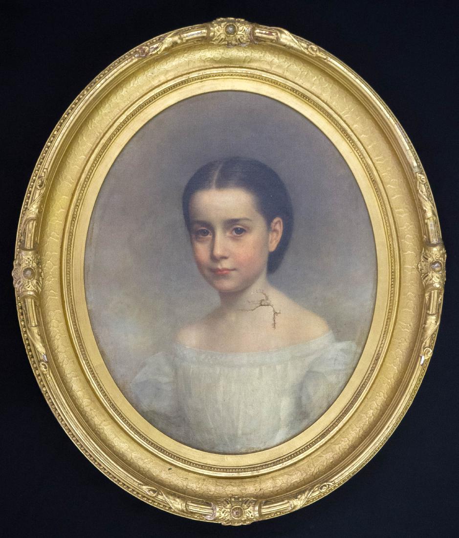 Attributed to James Henry Beard (1811-1893): Attributed to James Henry Beard (1811-1893) framed oil painting on canvas. Per family letter this antique oil painting was executed by Beard. This portrait is of a young girl from the Alcott family. M
