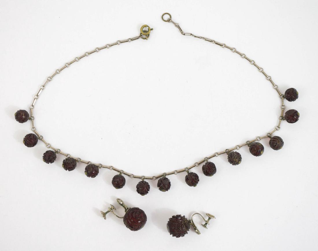 Antique Carved Amber Necklace and Earrings (1 of 1)