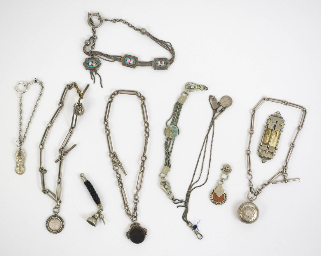 Group of Nine Antique Silver Watch Chains and Fobs (1 of 1)