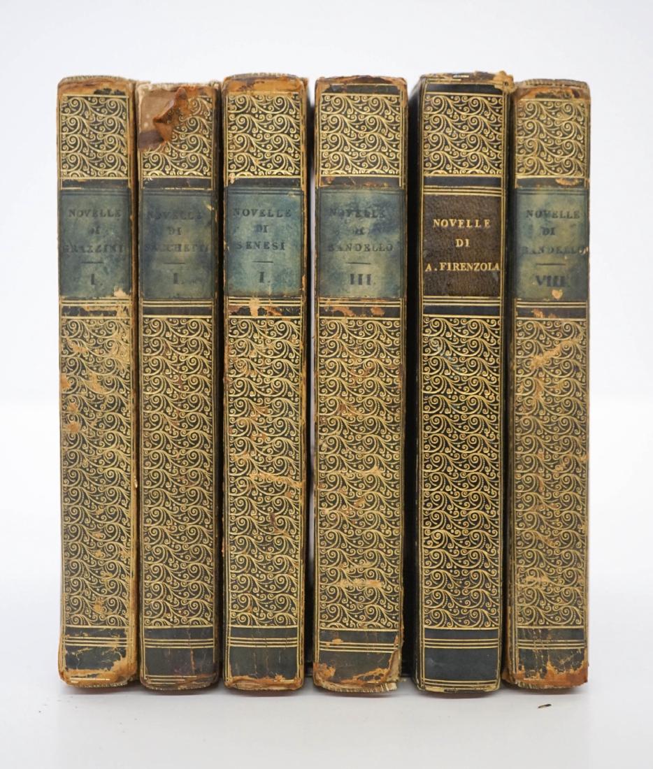 Group of Seven Italian Language Books 1813-1815: Group of Seven Italian Language Books. Including: Matteo Bandello 1813 and 1814, Milano; Autori Senesi 1815, Milano; Franco Sacchetti 1815, Milano; Le Cene 1815, Milano; Autori Fiorentini 1815, Milano