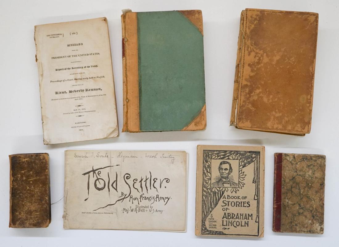 Group of Six Books: Group of Six Books. Includes: Reports of the Trials of Colonel Aaron Burr for Treason, and for a Misdemeanor Volume I. 1808, Hopkins and Earle, Philadelphia (front cover split from binding); A Brief M