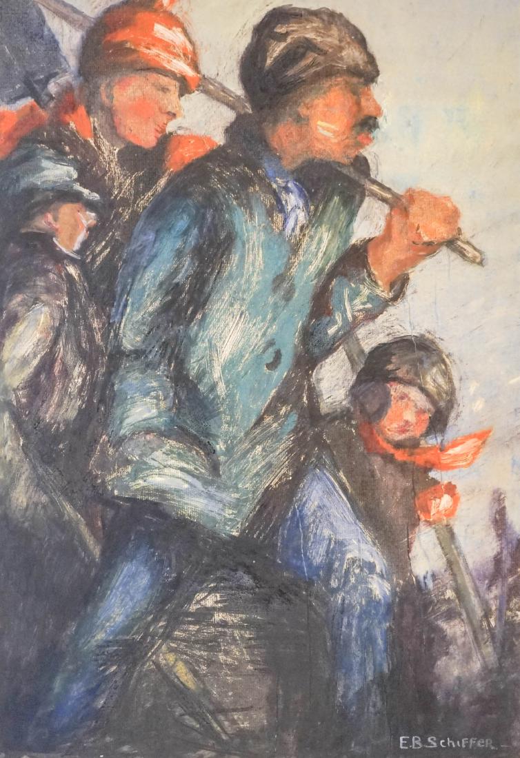 Ethel Bennett Schiffer (Connecticut born 1879): Ethel Bennett Schiffer (Connecticut born 1879) original mixed media artwork on paper titled Snow Shovelers. Dated 1925 on New Haven Painting and Clay Club Exhibition label on verso. Measures 22" x 15"