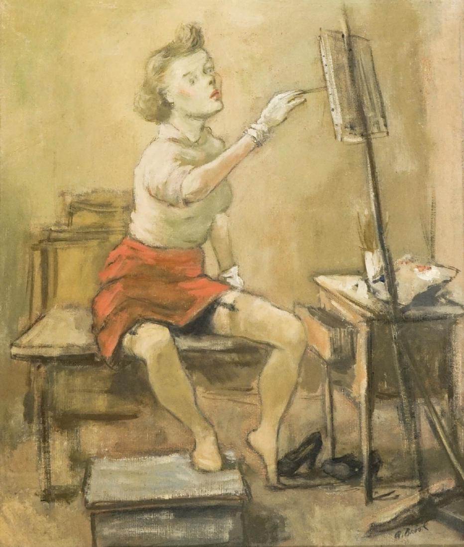 Alexander Brook (New York, Georgia 1898-1980): Alexander Brook (New York, Georgia 1898-1980) original oil painting on canvas titled Woman at Easel. Dated circa 1955. Measures 14" x 12" (image size), framed and measures 19.25" x 17.5" in total. Sig