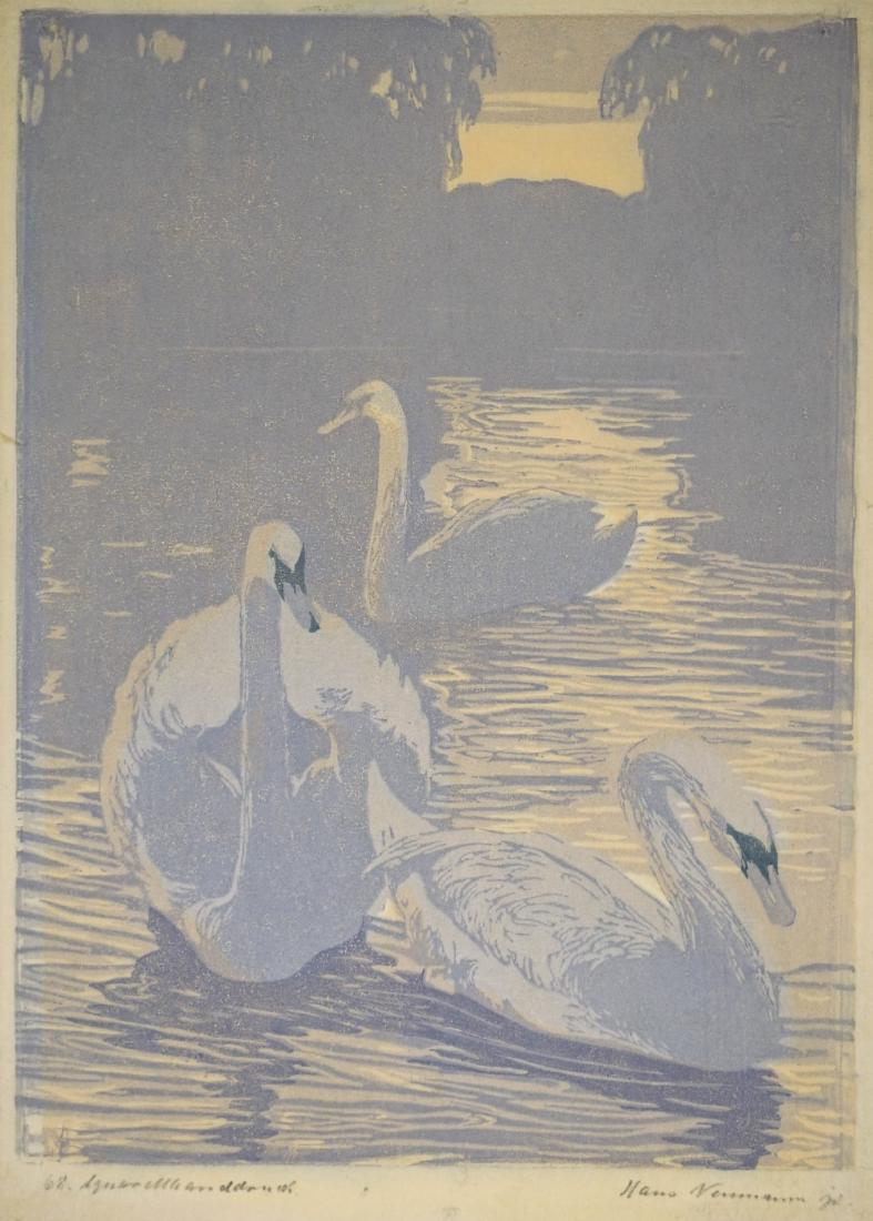 Hans Neumann (1873-1957) Woodcut Swans (1 of 4)