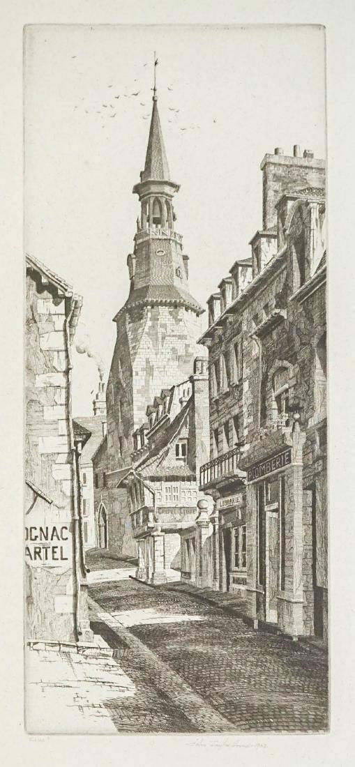 John Taylor Arms (1887-1953) Etching: John Taylor Arms (American 1887-1953) original pencil signed etching. Signed in pencil 'John Taylor Arms' lower right. Signed in pencil Ed 100 lower left. Measures 9 3/8" x 4" (image size) and measure