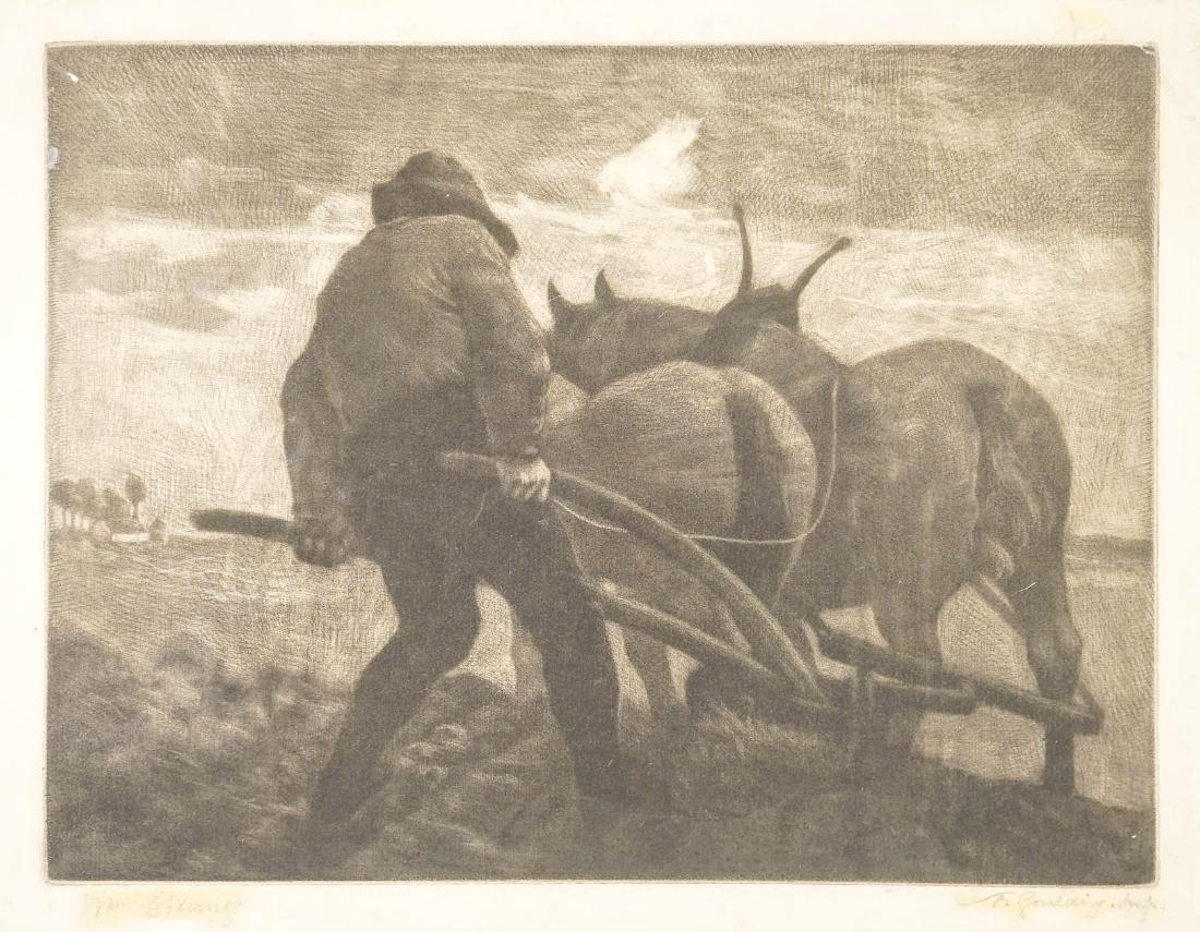 William Strang Etched Mezzotint: William Strang original pencil signed etched mezzotint. Signed in pencil 'Wm. Strang' lower right and 'F. Goulding imp' lower left. Measures 6" x 7 7/8" (plate size) and measures 7" x 8 5/8" (sheet si