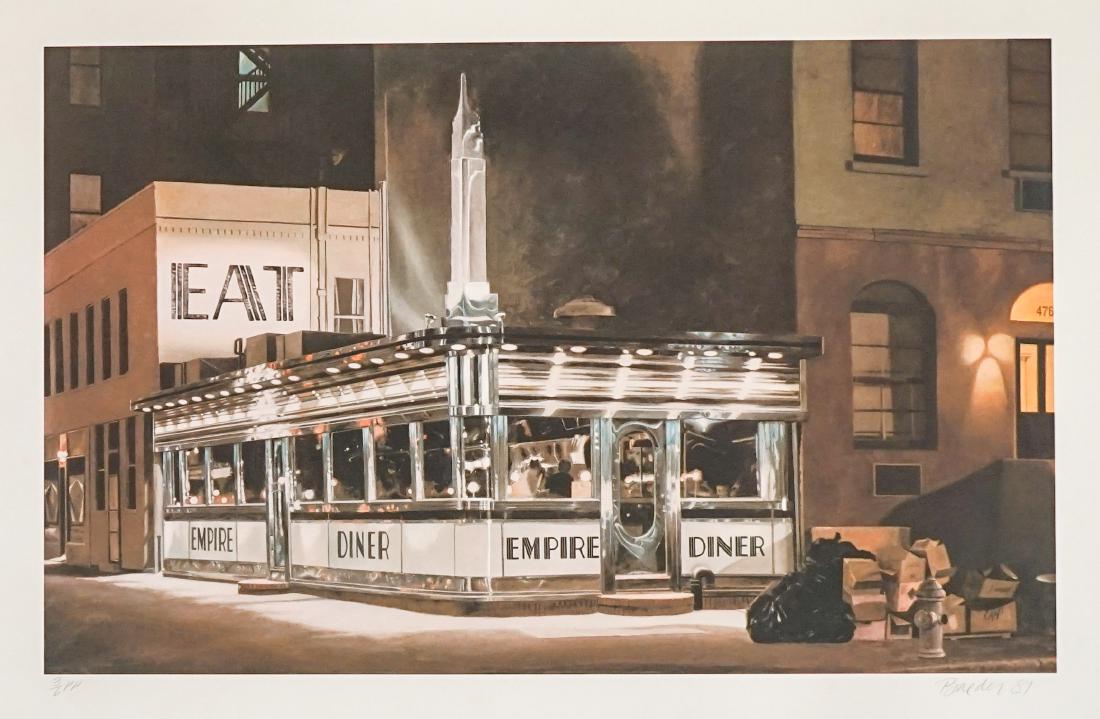 John Baeder Photolithograph Printer Proof: John Baeder signed photolithograph. Signed and dated in pencil 'Baeder 81' lower right. Numbered an initialed in pencil "3/6 P.P." lower left for third of six Printer Proofs. Measures 15" x 24" image