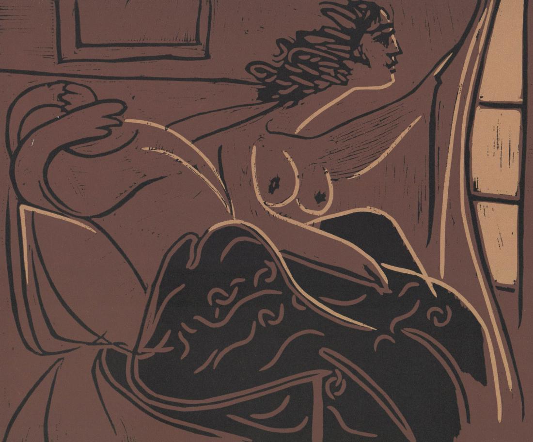 Pablo Picasso Color Linocut: Pablo Picasso Color Linocut "Femmes Regardant par la Fenetre". Titled in pencil lower edge in unknown hand. 10 5/8" x 12 7/8" ( 27 cm x 32.5 cm) image size and 12 1/2" x 14 5/8" (32 cm x 37 cm) sheet