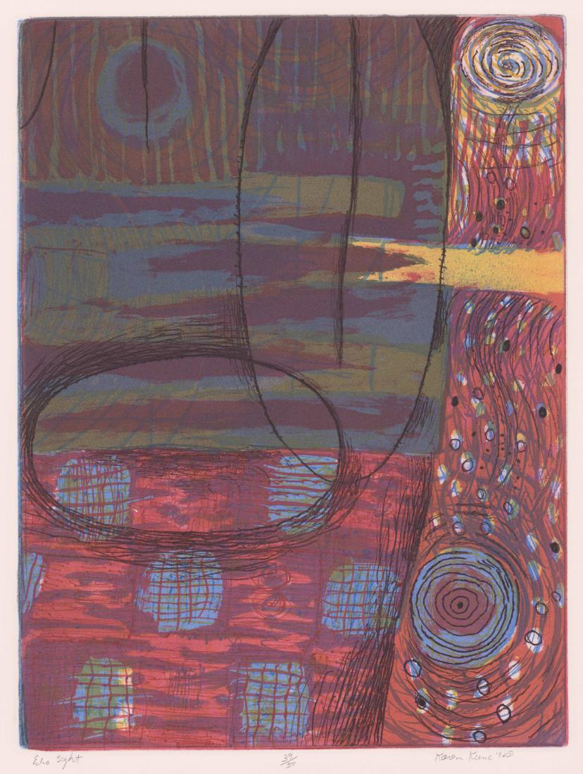Karen Kunc Etching In Colors: Karen Kunc pencil signed etching in colors. Signed and dated in pencil Karen Kunc '92 lower right. Numbered in pencil "39/50" lower center and titled in pencil "Echo Spirit" lower left. Measures 16" x