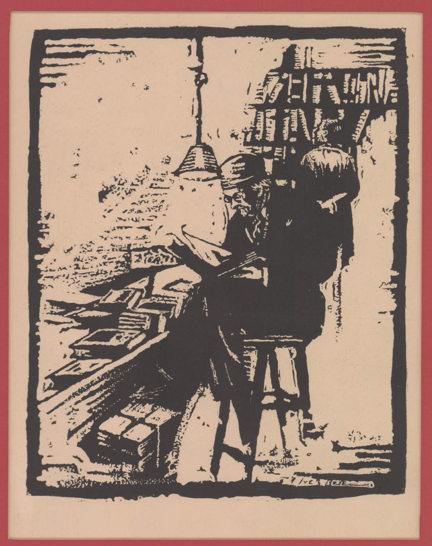 Iver Rose Woodblock Print: Iver Rose woodblock print. Signed in plate lower right. Measures 10.25" x 8.25" plate size and 15 3/8" x 11 3/8" sheet size. This print has a fold line crease across the center from side to side and i