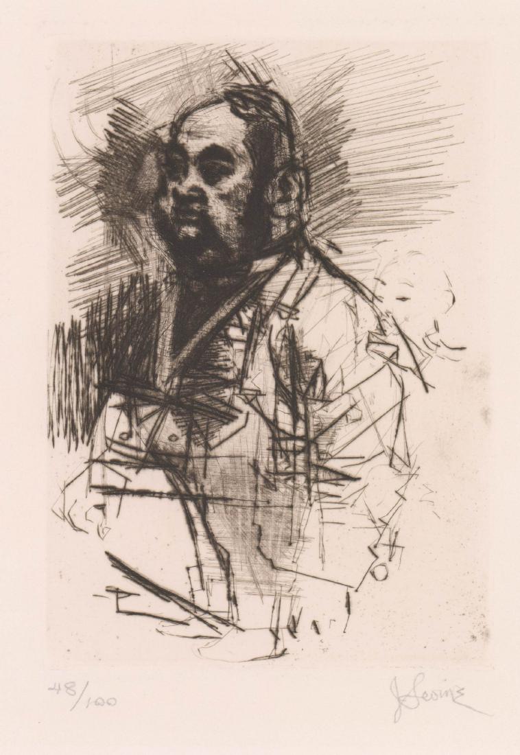 Jack Levine Etching: Jack Levine pencil signed etching on Arches, France paper. Signed in pencil 'J. Levine' lower right. Numbered in pencil "48/100" lower left. Measures 7" x 5" plate size and 15" x 11" sheet size. Near