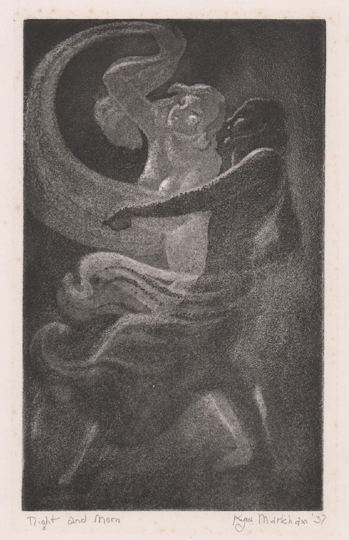Kyra Markham Aquatint: Kyra Markham signed aquatint. Signed and dated in pencil 'Kyra Markham 37' lower right. Titled in pencil "Night and Morn" lower left. Measures 8" x 4 7/8" image size and 10 1/8" x 6 5/8" sheet size. V