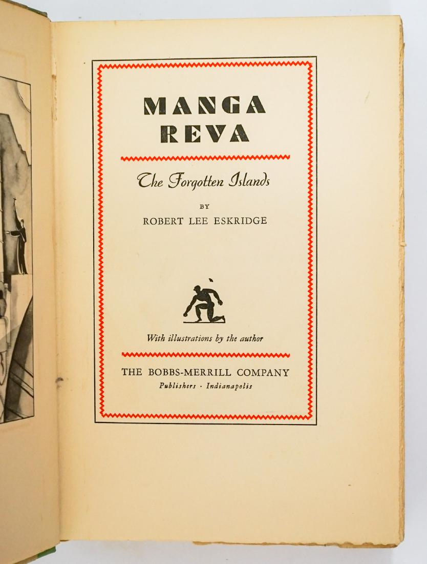 Manga Reva by Robert Lee Eskridge 1931: Manga Reva by Robert Eskridge. 1931, first edition. Number 66 of 250, signed and numbered copies. Cover/spine good. Interior pages Ex. Bobbs-Merrill Co., Indianapolis. Provenance: Estate of Russell Jo