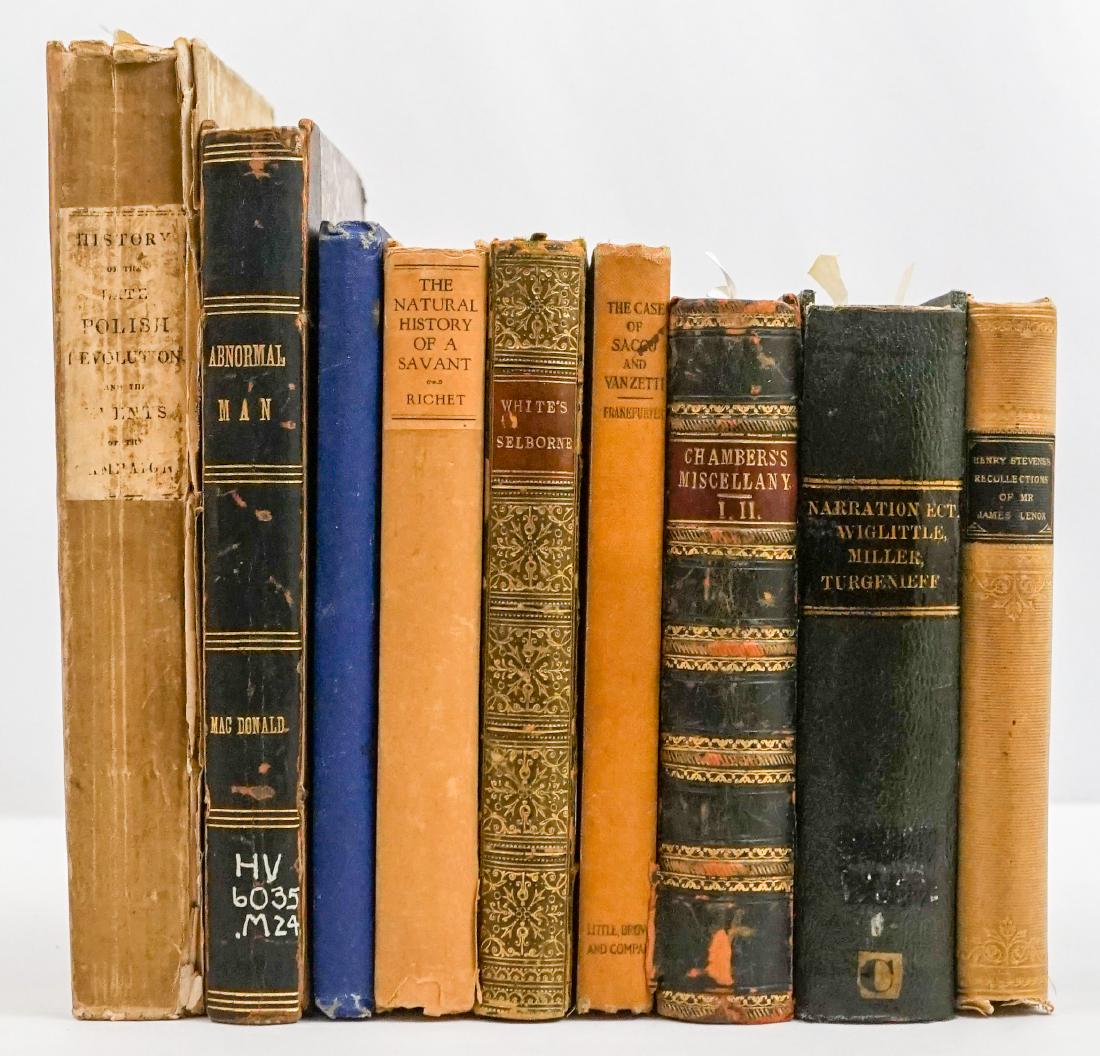 Group of Nine Books: Group of Nine Books. Includes: Abnormal Man; The Case of Sacco and Vanzetti; and Chambers's Miscellany, 1869. Provenance: Estate of Russell Johanson, Ravenna Rare Books, Seattle, Wa. We ship most item