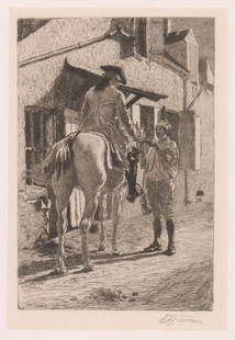 Charles Yardley Turner (1850-1919): Charles Yardley Turner (1850-1919) original pencil signed print [The Stirrup Cup]. Signed in pencil 'C.Y. Turner' lower right. Titled on paper label, also signed in plate. Measures 9 3/8" x 6 3/8" (pl