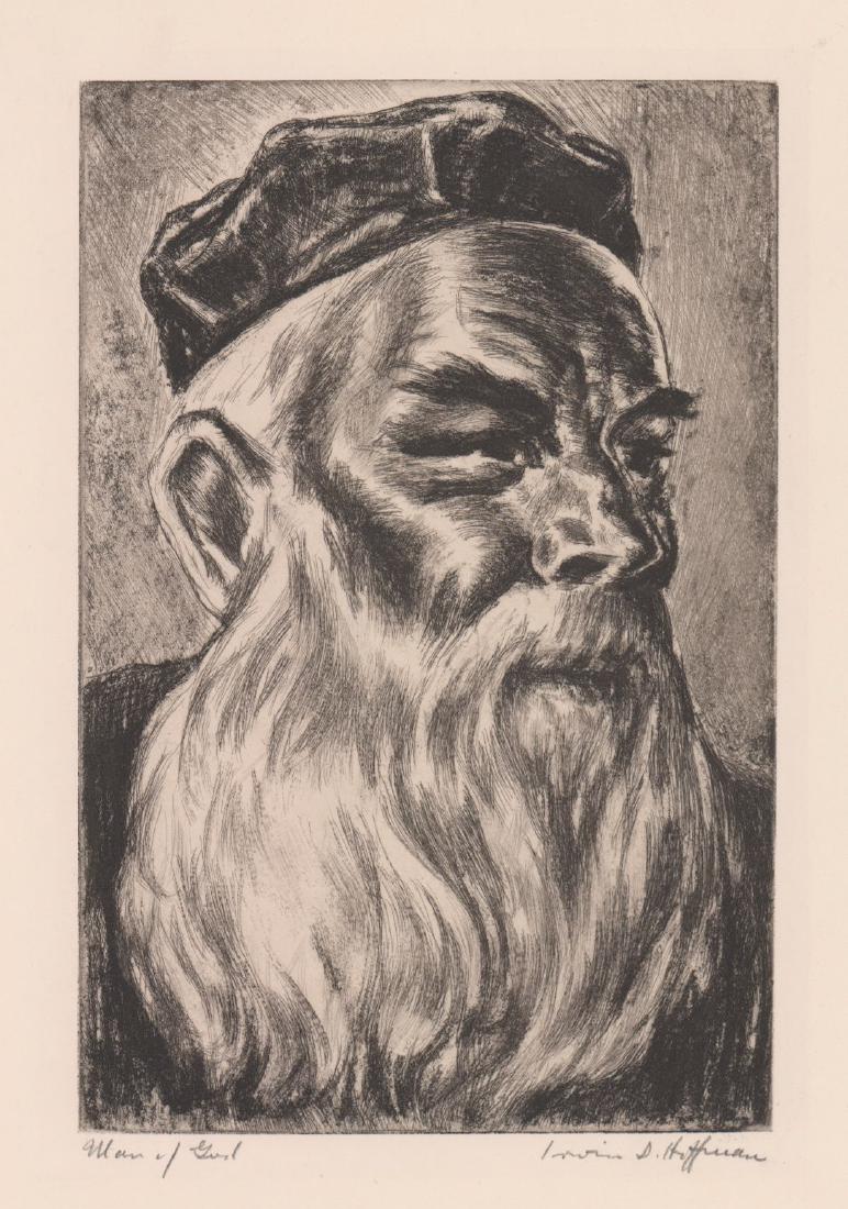 Irwin Hoffman Etching [Man of God]: Irwin Hoffman original pencil signed etching. Signed in pencil 'Irwin D. Hoffman' lower right. Titled in pencil "Man of God" lower left. Measures 9" x 6" (plate size) and measures 12" x 8.25" (sheet s