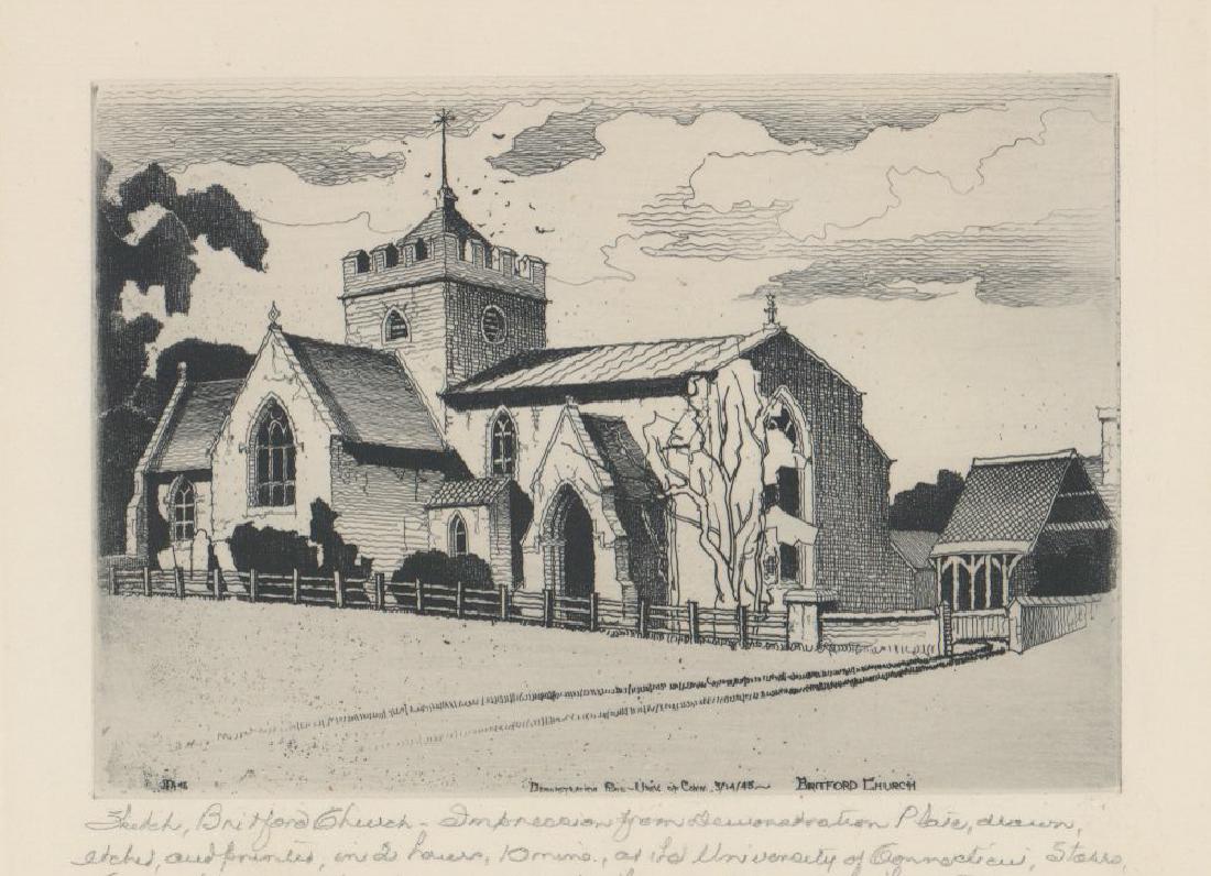 John Taylor Arms Demonstration Plate Etching: John Taylor Arms original pencil signed Demonstration Plate etching. Signed and dated in pencil 'John Taylor Arms 1945' lower right. Measures 4" x 5.75" (plate size) and measures 7 5/8" x 9 5/8" (shee