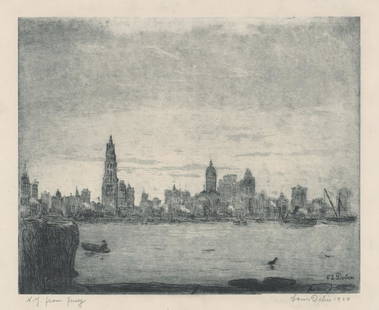 Leon Louis Dolice (New York 1892-1960) Etching: Leon Louis Dolice (New York 1892-1960) original pencil signed etching. Signed and dated in pencil 'Louis Dolice 1924' lower right. Titled in pencil "N.Y. from Ferry" lower left. Measures 9 1/8" x 10 1