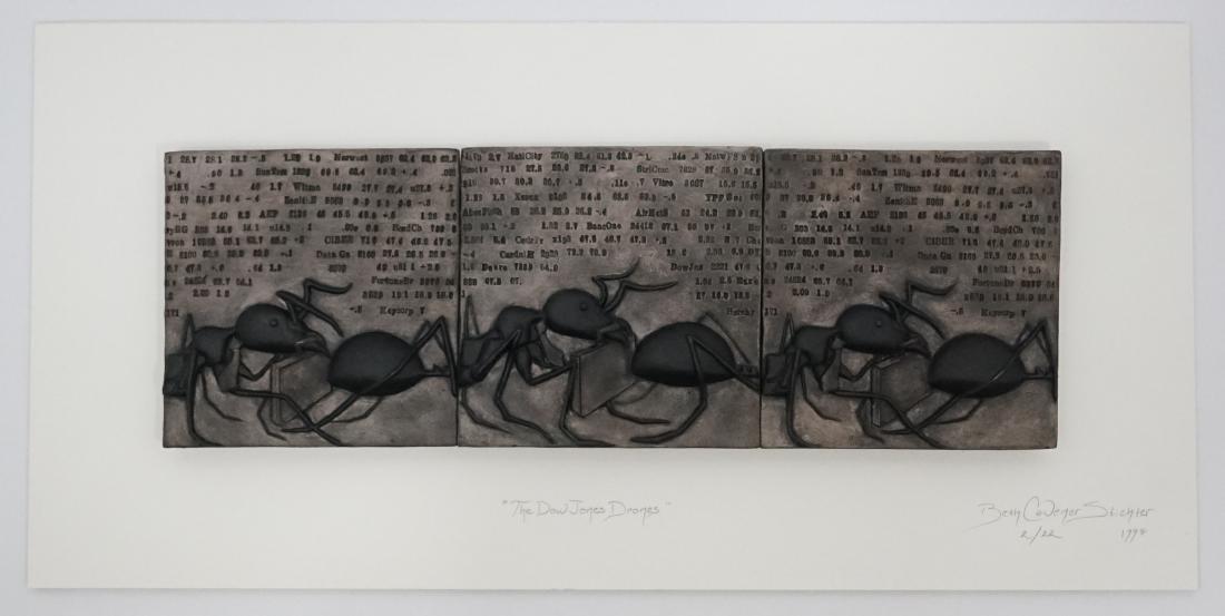 Beth Cavener Stichter [The Dow Jones Drones]: Beth Cavener Stichter clay art titled "The Dow Jones Drones" in pencil lower center. Signed lower right, dated 1998 and 2/22 is written in pencil lower right. Measures 5.25" x 15.75" (image size) and