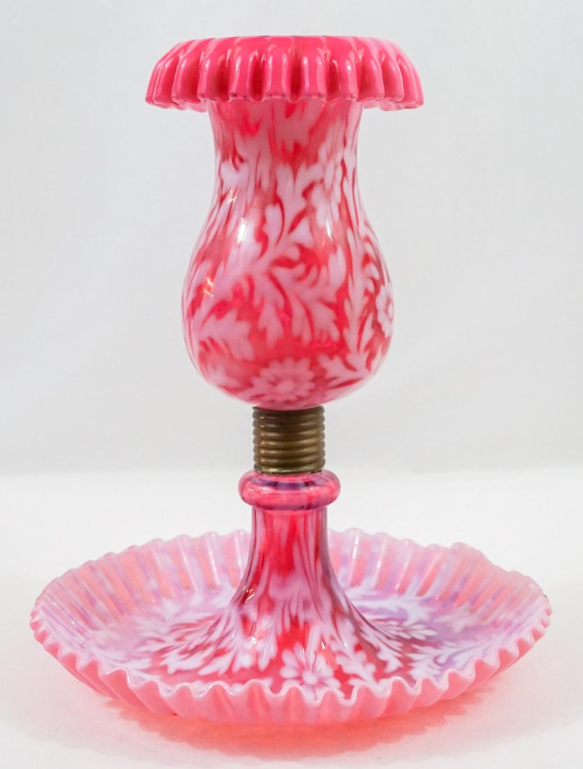 Victorian Art Glass Opalescent Epergnes: Victorian art glass opalescent epergnes. Measures 12" tall x 9.75". Excellent condition with no cracks, chips or repairs. We ship most items in this auction in-house with the exception of furniture, l