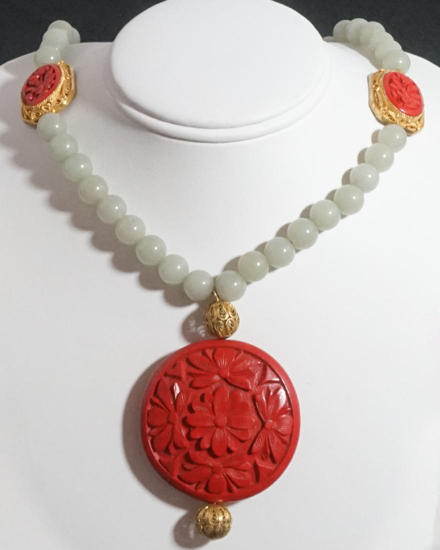 Old Chinese Jade Cinnabar Filligree Necklace (1 of 5)