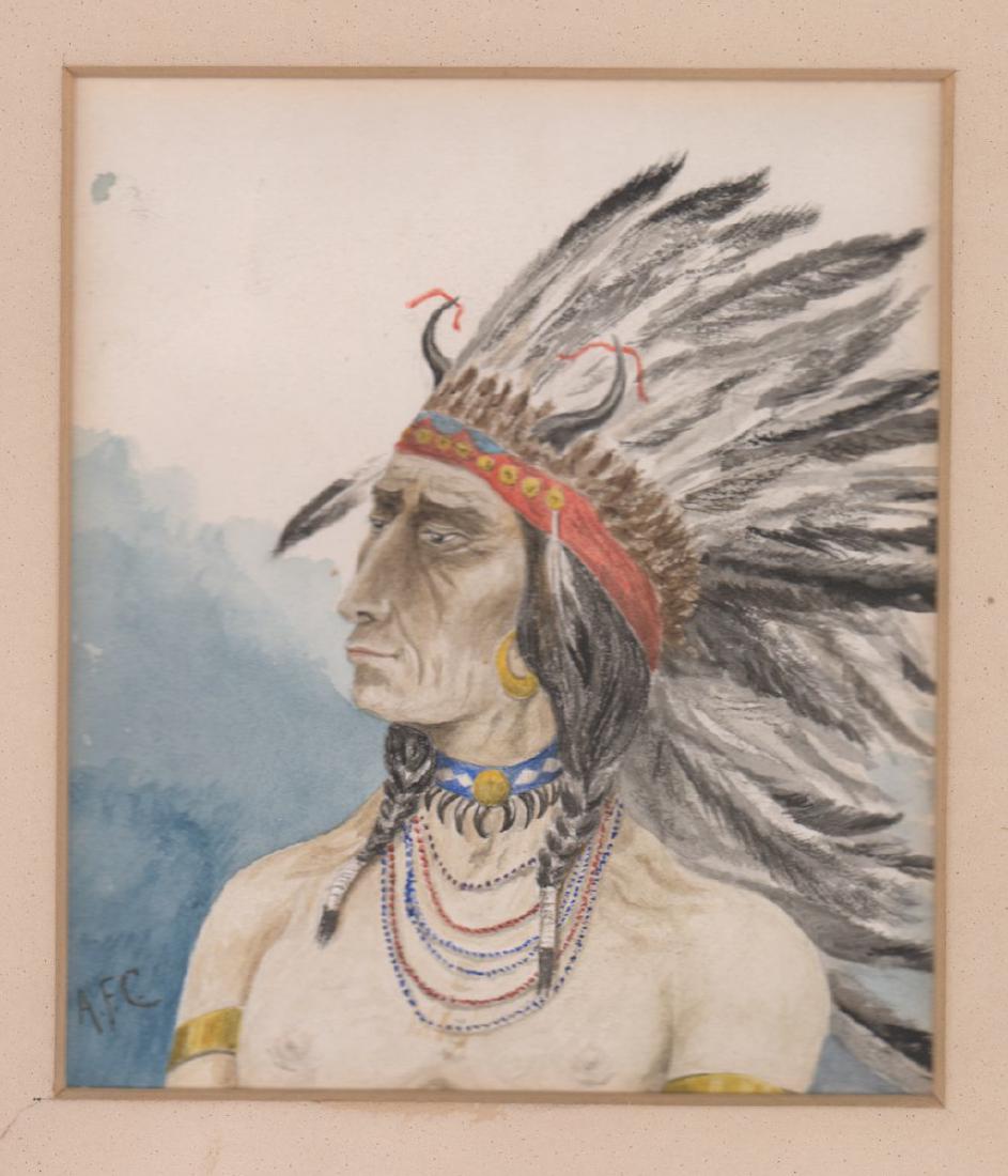 Antique Signed Watercolor of Native American: An antique signed watercolor of Native American Chief. Signed with the initials "A.F.C." lower left, Measures 7" x 6" sight size and 12.25" x 11" matted. Unframed, this watercolor is glued to mat on v