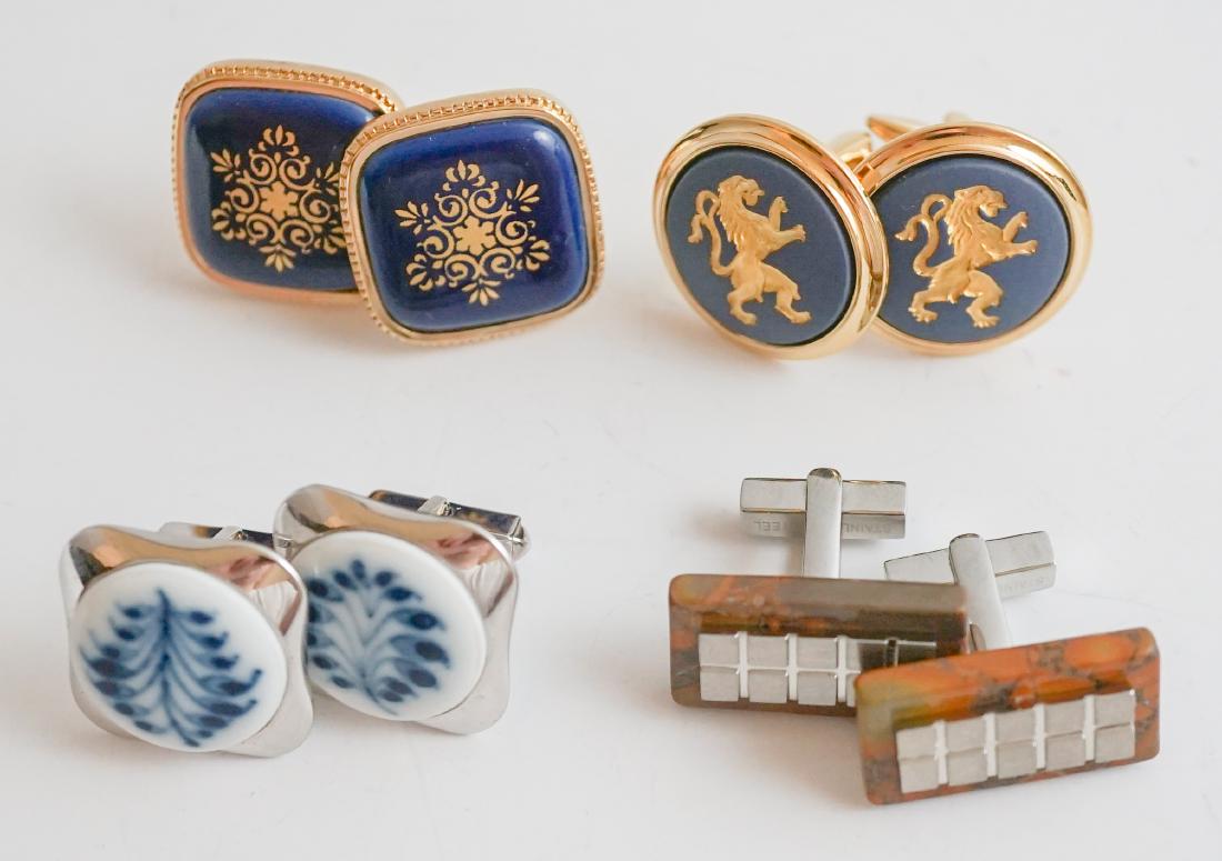 Four Pairs Scandinavian Designer Cufflinks: Four pairs of designer cufflinks. Royal Copenhagen (two pairs), Wedgewood and Dyrberg/Kern. Largest measures 1" in width. We ship most items from this auction in house and gladly combine shipping.