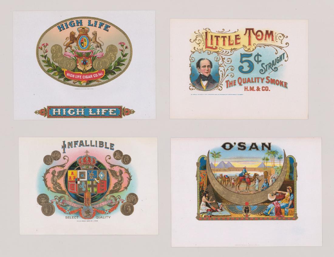 Group of Twenty-Four Cigar Box Labels: From a lifelong collection is this group of twenty-four cigar box labels. Most measure approximately 6" x 9" or larger. Excellent condition. Loose, unframed and not glued or mounted. We ship most item