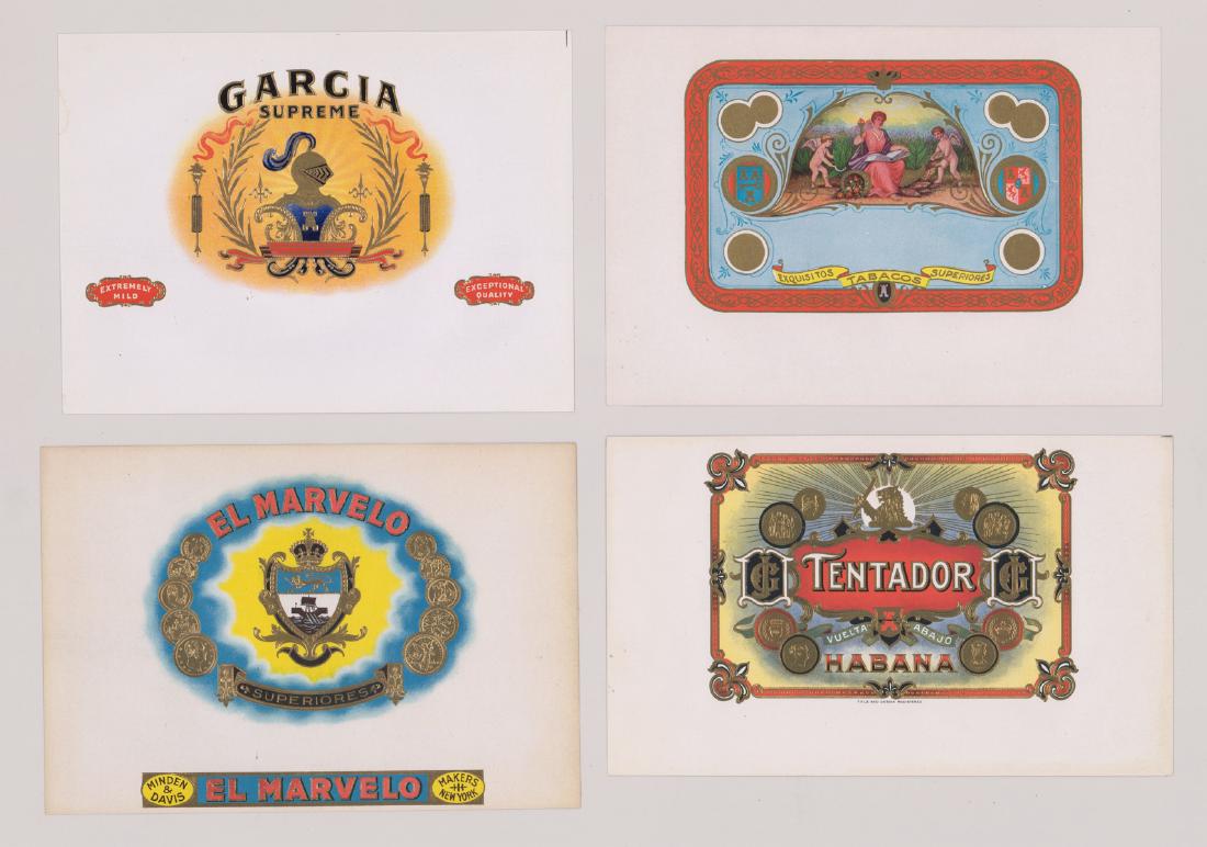 Group of Twenty-Four Cigar Box Labels: From a lifelong collection is this group of twenty-four cigar box labels. Most measure approximately 6" x 9" or larger. Excellent condition. Loose, unframed and not glued or mounted. We ship most item