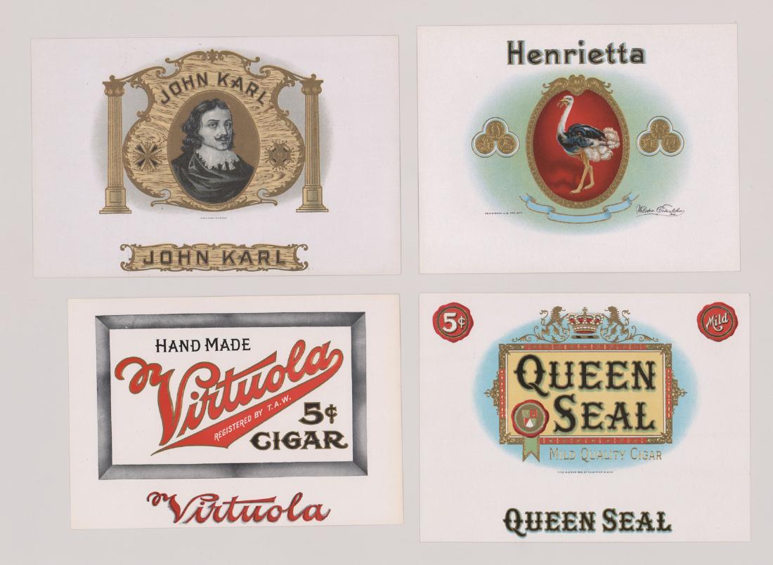 Group of Twenty-Four Cigar Box Labels: From a lifelong collection is this group of twenty-four cigar box labels. Most measure approximately 6" x 9" or larger. Excellent condition. Loose, unframed and not glued or mounted. We ship most item