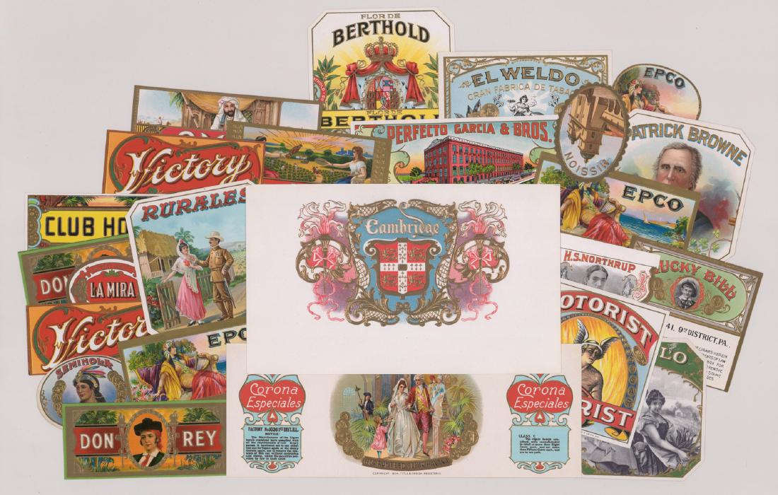 Group of Twenty-Four Cigar Box Labels: From a lifelong collection is this group of twenty-four cigar box labels. Most measure approximately 4" x 4" or larger. Excellent condition. Loose, unframed and not glued or mounted. We ship most item