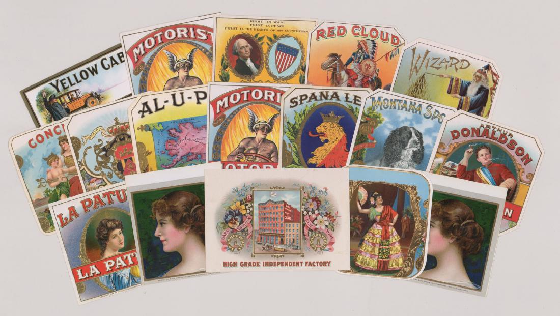 Group of Seventeen Cigar Box Labels: From a lifelong collection is this group of seventeen cigar box labels. Most measure approximately 4" x 4" or larger. Excellent condition. Loose, unframed and not glued or mounted. We ship most items
